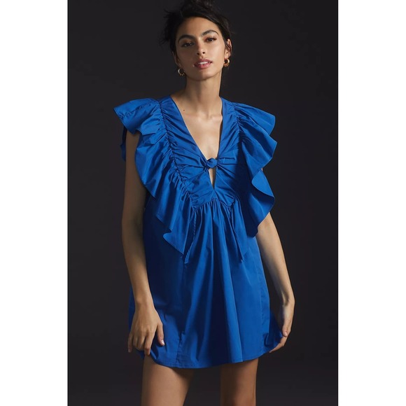 Anthropologie Dresses & Skirts - Anthropologie Blue Tassel Ruffled Waistless Mini Dress V-Neck Bold Blue Sz‎ S